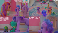 Size: 4400x2475 | Tagged: safe, edit, edited screencap, editor:quoterific, imported from derpibooru, screencap, hitch trailblazer, izzy moonbow, pipp petals, sunny starscout, zipp storm, dragon, earth pony, pegasus, pony, turtle, unicorn, spoiler:my little pony: make your mark, spoiler:my little pony: make your mark chapter 2, spoiler:myms01e01, bracelet, dialogue, eyes closed, female, g5, grin, group, happy, hug, indoors, izzy does it, jewelry, literal minded, mane five (g5), mare, misunderstanding, my little pony: make your mark, my little pony: make your mark chapter 2, name, open mouth, open smile, raised hoof, silly, silly pony, smiling, sparky sparkeroni, text, tiara