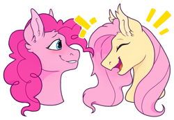 Size: 1043x720 | Tagged: safe, artist:malphym, imported from derpibooru, fluttershy, pinkie pie, earth pony, pegasus, pony, blushing, bust, ear fluff, eyes closed, female, flutterpie, laughing, lesbian, mare, shipping, simple background, smiling, white background