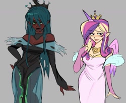 Size: 1744x1437 | Tagged: safe, artist:darkzombiez, imported from derpibooru, princess cadance, queen chrysalis, human, clothes, crown, dark skin, dress, duo, gray background, humanized, jewelry, regalia, simple background, standing