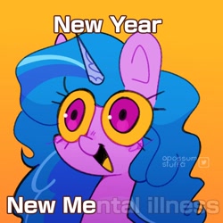 Size: 1000x1000 | Tagged: safe, artist:opossum-stuff, imported from derpibooru, izzy moonbow, pony, unicorn, bust, female, g5, gradient background, mare, mental illness, new year, open mouth, open smile, smiling, solo, text, yellow sclera