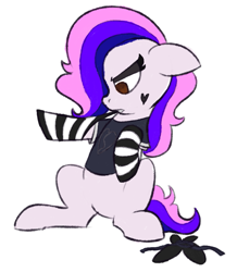 Size: 715x820 | Tagged: safe, artist:skookz, imported from derpibooru, oc, oc only, oc:almond budder, earth pony, pony, annoyed, bow, clothes, dressing, face tattoo, hair bow, makeup, male, shirt, simple background, sitting, socks, solo, stallion, striped socks, t-shirt, tattoo, white background