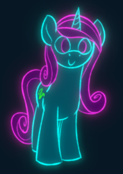 Size: 634x897 | Tagged: safe, artist:skookz, imported from derpibooru, oc, oc only, oc:ultra violet, pony, unicorn, dark background, female, glowing, happy, looking at you, mare, neon, solo