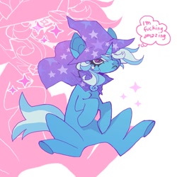 Size: 1020x1020 | Tagged: safe, artist:batthsalts, imported from derpibooru, trixie, pony, unicorn, cape, clothes, female, frown, hat, mare, solo, text, thinking, trixie's cape, trixie's hat, vulgar