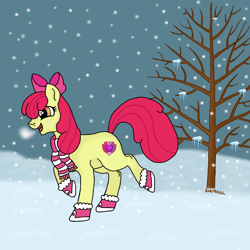 Size: 1000x1000 | Tagged: safe, artist:peachsunset08, imported from derpibooru, apple bloom, earth pony, pony, boots, clothes, female, filly, foal, open mouth, scarf, shoes, snow, snowfall, solo, striped scarf, tree, winter