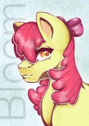 Size: 2480x3508 | Tagged: safe, artist:mrartly34, imported from derpibooru, apple bloom, earth pony, pony, bust, female, filly, foal, portrait, simple background, solo, text