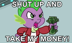 Size: 500x300 | Tagged: artist needed, safe, imported from ponybooru, spike, dragon, pony, angry, clothes, demanding, futurama, male, meme, money, ponified, ponified meme, shut up and take my money, text