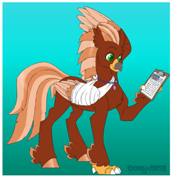 Size: 1850x1900 | Tagged: safe, artist:dozyarts, imported from derpibooru, oc, classical hippogriff, hippogriff, shrimp, bandage, clipboard, male, solo