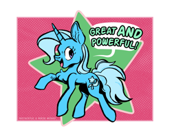 Size: 1280x1035 | Tagged: safe, artist:horsewizardart, artist:pastacrylic, imported from derpibooru, trixie, pony, unicorn, chest fluff, collaboration, dialogue, female, mare, open mouth, passepartout, raised hoof, smiling, solo, speech bubble, text