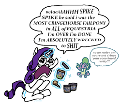 Size: 2048x1776 | Tagged: safe, artist:punkittdev, imported from derpibooru, rarity, spike, dragon, pony, unicorn, crying, dialogue, duo, female, food, frown, glowing, glowing horn, horn, ice cream, levitation, magic, male, mare, marshmelodrama, open mouth, rarity being rarity, simple background, speech bubble, spoon, telekinesis, vulgar, white background