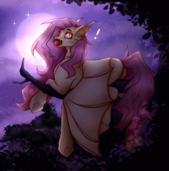 Size: 2592x2628 | Tagged: safe, artist:krissograph, imported from derpibooru, fluttershy, bat pony, pony, apple, bat ponified, butt, exclamation point, fangs, female, flutterbat, flutterbutt, food, full moon, looking at you, looking back, looking back at you, mare, moon, mouth hold, night, plot, race swap, solo, tree branch