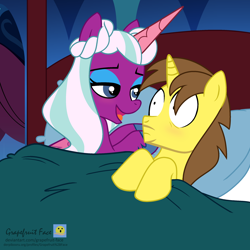 Size: 1920x1920 | Tagged: safe, artist:grapefruit-face, edit, imported from derpibooru, opaline arcana, oc, oc:grapefruit face, alicorn, pony, unicorn, spoiler:g5, aftersex, aftersex ponies, base used, bed, blushing, canon x oc, duo, female, g4, g5, g5 to g4, generation leap, implied sex, male, morning after, opalfruit, open mouth, pillow, shipping, signature, straight, surprised, wide eyes
