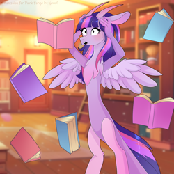Size: 3000x3000 | Tagged: safe, artist:xjenn9, imported from derpibooru, twilight sparkle, draconequus, book, draconequified, floppy ears, levitation, magic, open mouth, race swap, shocked, solo, species swap, spread wings, telekinesis, twikonequus, wide eyes, wings