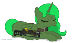 Size: 1800x1048 | Tagged: safe, artist:lonewolf3878, imported from derpibooru, oc, oc only, oc:citrina, alicorn, pony, fallout equestria, aer-14, aer-14 prototype, artificial alicorn, battle saddle, eyes closed, female, green alicorn (fo:e), laser rifle, simple background, sleeping, solo, transparent background, weapon