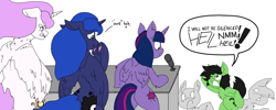 Size: 7016x2797 | Tagged: safe, artist:ponny, imported from derpibooru, princess celestia, princess luna, twilight sparkle, oc, oc:filly anon, alicorn, earth pony, angry, butt, chest fluff, dialogue, female, filly, folded wings, gritted teeth, heart, heart hoof, horn, mare, microphone, nazi, pink-mane celestia, plot, shocked, shocked expression, sieg heil, simple background, smiling, smirk, speech bubble, this will end in a trip to the moon, twilight sparkle (alicorn), white background, wings, yelling