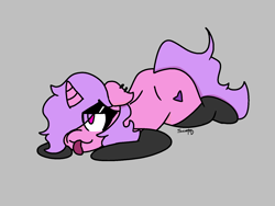 Size: 1600x1200 | Tagged: safe, artist:scarlet-gore, imported from derpibooru, oc, oc only, oc:pastel crystal, pony, unicorn, ass up, begging, black socks, clothes, dimples of venus, ear piercing, floppy ears, gray background, heart, horn, lying down, on floor, one ear down, original character do not steal, piercing, pink, purple, simple background, socks, solo, submissive, sultry pose, thick, thighs, thunder thighs, tongue out, unicorn oc