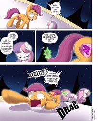 Size: 3000x3700 | Tagged: safe, artist:begoliah, imported from derpibooru, scootaloo, sweetie belle, pegasus, pony, unicorn, comic:crusaders, butt, comic, crying, dialogue, female, glowing, glowing horn, horn, magic, magic aura, onomatopoeia, plot, sound effects, speech bubble, telekinesis