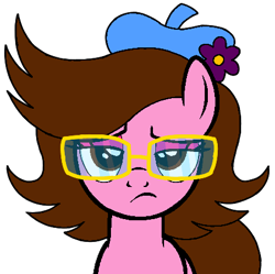 Size: 446x444 | Tagged: safe, artist:noi kincade, imported from derpibooru, oc, oc only, oc:tiffany fisher, bedroom eyes, brown eyes, brown hair, eyeshadow, female, flower, glasses, hair, hat, headwear, makeup, pink body, plant, sad, simple background, solo, transparent background, unamused, worried