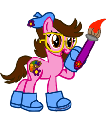 Size: 922x1049 | Tagged: safe, artist:angrybirdstiff, imported from derpibooru, oc, oc only, oc:tiffany fisher, earth pony, pony, series:the legend of tenderheart, base used, clothes, earth pony oc, female, flower, glasses, happy, hat, ibispaint x, mare, open mouth, paintbrush, shoes, simple background, solo, transparent background