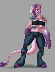 Size: 1676x2199 | Tagged: safe, artist:thebigbadwolf01, imported from derpibooru, oc, oc only, oc:crystal clarity, anthro, digitigrade anthro, dracony, dragon, hybrid, belly button, big breasts, breasts, clothes, commission, digital art, female, gray background, huge breasts, impossibly thin waist, interspecies offspring, looking at you, offspring, pants, parent:rarity, parent:spike, parents:sparity, simple background, solo, tail, tanktop, thighs, tube top, underboob, wide hips