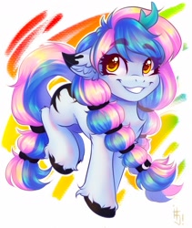 Size: 1600x1900 | Tagged: safe, artist:falafeljake, imported from derpibooru, oc, oc only, oc:chrysocolla dawn, chest fluff, ear fluff, grin, hoof fluff, leg fluff, signature, smiling, solo