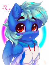 Size: 1200x1600 | Tagged: safe, artist:falafeljake, imported from derpibooru, oc, oc only, oc:malfurim, pegasus, pony, blushing, clothes, ear fluff, eyebrows, eyebrows visible through hair, female, mare, signature, solo