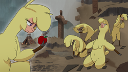Size: 1817x1022 | Tagged: safe, artist:hitsuji, artist:mane6, imported from derpibooru, alpaca, them's fightin' herds, apple, bipedal, cloven hooves, community related, despair, food, holding head, hoof hold, kneeling, looking at something, looking up, outdoors, paprika (tfh), questioning, sad, screaming, solo