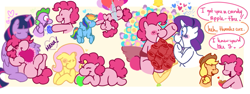 Size: 987x370 | Tagged: safe, artist:dsstoner, imported from derpibooru, applejack, fluttershy, pinkie pie, rainbow dash, rarity, spike, twilight sparkle, alicorn, dragon, earth pony, pegasus, pony, unicorn, apple, applejack's hat, applepie, balloon, boop, bouquet, candy apple (food), cowboy hat, cuddling, dialogue, female, floating, flower, flutterpie, flying, food, gem, hat, heart, heart balloon, hearts and hooves day, holiday, hug, lesbian, lying down, mane six, pinkiedash, raripie, shipping, shipping fuel, speech bubble, then watch her balloons lift her up to the sky, twilight sparkle (alicorn), twinkie