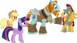 Size: 1192x671 | Tagged: safe, artist:pascalmulokozi2, edit, edited screencap, imported from derpibooru, screencap, applejack, flash magnus, rockhoof, twilight sparkle, alicorn, earth pony, pegasus, pony, a rockhoof and a hard place, background removed, female, male, mare, not a vector, rockhoof's shovel, shovel, simple background, stallion, transparent background, twilight sparkle (alicorn)