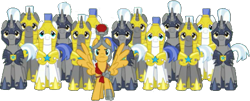Size: 517x209 | Tagged: safe, artist:pascalmulokozi2, edit, edited screencap, imported from derpibooru, screencap, flash magnus, earth pony, pegasus, pony, unicorn, a rockhoof and a hard place, armor, army, background removed, male, not a vector, pegasus royal guard, royal guard, simple background, stallion, transparent background, unicorn royal guard