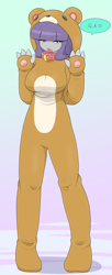 Size: 1817x4435 | Tagged: safe, artist:batipin, imported from derpibooru, maud pie, human, equestria girls, animal costume, bear costume, breasts, busty maud pie, clothes, collar, costume, female, gradient background, high res, open mouth, rawr, solo, speech bubble