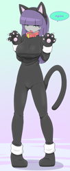 Size: 1817x4435 | Tagged: safe, alternate version, artist:batipin, imported from derpibooru, maud pie, human, equestria girls, animal costume, breasts, busty maud pie, cat costume, clothes, collar, costume, female, gradient background, high res, meow, open mouth, solo, speech bubble