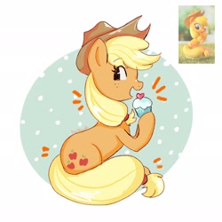 Size: 2048x2048 | Tagged: safe, artist:haibiscuits, imported from derpibooru, applejack, earth pony, pony, cupcake, emanata, female, food, hoof hold, mare, open mouth, open smile, simple background, sitting, smiling, solo, toy interpretation, white background