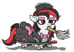 Size: 712x502 | Tagged: safe, artist:jargon scott, imported from derpibooru, oc, oc only, oc:blackjack, pony, unicorn, fallout equestria, fallout equestria: project horizons, amputee, broken horn, clothes, duster, fanfic art, female, horn, lidded eyes, maid, mare, mouth hold, quadruple amputee, sausagejack, simple background, skateboard, solo, white background