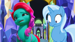 Size: 1280x720 | Tagged: safe, edit, edited screencap, imported from derpibooru, screencap, trixie, earth pony, pony, unicorn, all bottled up, spoiler:my little pony: make your mark, spoiler:my little pony: make your mark chapter 2, spoiler:myms01e02, confused, duo, duo female, female, g5, growing pains, head tilt, jazz hooves, jazz hooves has ears!, looking down, looking up, my little pony: make your mark, my little pony: make your mark chapter 2, open mouth, shocked, shocked expression, twilight's castle