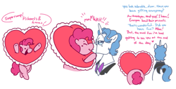 Size: 987x500 | Tagged: safe, artist:dsstoner, imported from derpibooru, fancypants, pinkie pie, earth pony, pony, unicorn, comic:pinkiepants!, bipedal, comic, dialogue, female, heart, hearts and hooves day, holiday, kiss on the lips, kissing, male, pinkiepants, shipping, straight