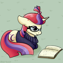 Size: 500x500 | Tagged: safe, artist:maravor, imported from derpibooru, moondancer, pony, unicorn, book, clothes, female, floppy ears, glasses, lying down, mare, ponyloaf, prone, reading, smiling, solo, sweater