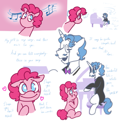 Size: 737x734 | Tagged: safe, artist:dsstoner, imported from derpibooru, fancypants, pinkie pie, earth pony, pony, unicorn, comic:pinkiepants!, comic, dialogue, elton john, female, lyrics, male, music notes, musical instrument, piano, pinkiepants, shipping, singing, stallion, straight, text