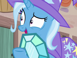 Size: 2048x1536 | Tagged: safe, edit, edited screencap, imported from derpibooru, screencap, trixie, pony, unicorn, season 6, to where and back again, brooch, cape, clothes, female, gem, hat, jewelry, mare, nervous, open mouth, pinpoint eyes, raised hoof, random, silly, solo, trixie's brooch, trixie's cape, trixie's hat