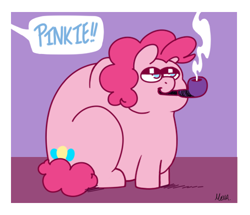 Size: 500x430 | Tagged: safe, artist:dsstoner, imported from derpibooru, pinkie pie, earth pony, pony, comic:pinkiepants!, fat, garfield, implied fancypants, meme, now where could my pipe be, pipe, pudgy pie, smoking, speech bubble