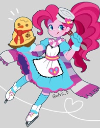 Size: 766x977 | Tagged: safe, artist:efuji_d, imported from derpibooru, pinkie pie, human, equestria girls, :p, clothes, dress, food, gloves, hat, ice skates, potato salad, scarf, skates, snowman, solo, tongue out