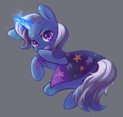 Size: 1451x1370 | Tagged: safe, artist:horseyuris, imported from derpibooru, trixie, pony, unicorn, female, giggling, glowing, glowing horn, hatless, horn, looking at you, magic, mare, missing accessory, simple background, solo