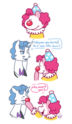 Size: 470x805 | Tagged: safe, artist:dsstoner, imported from derpibooru, fancypants, pinkie pie, earth pony, pony, unicorn, comic:pinkiepants!, clown, clown makeup, clown nose, comic, cute, dialogue, female, hat, male, onomatopoeia, pinkiepants, red nose, shipping, sound effects, speech bubble, straight
