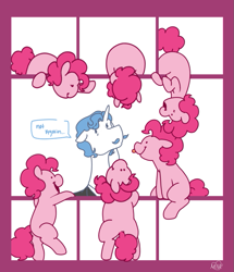 Size: 789x918 | Tagged: safe, artist:dsstoner, imported from derpibooru, fancypants, pinkie pie, earth pony, pony, unicorn, comic:pinkiepants!, butt, clone, comic, male, multeity, panel play, panels, pinkie clone, plot, self paradox, self ponidox, speech bubble, stallion, tongue out