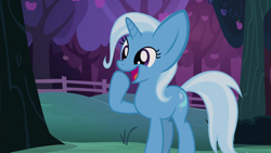 Size: 1280x720 | Tagged: safe, edit, edited screencap, imported from derpibooru, screencap, trixie, pony, unicorn, season 7, uncommon bond, big ears, cute, diatrixes, female, happy, hoof over mouth, mare, missing accessory, open mouth, raised hoof, random, silly, solo, tree