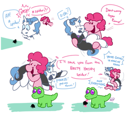 Size: 789x740 | Tagged: safe, artist:dsstoner, imported from derpibooru, fancypants, gummy, pinkie pie, alligator, earth pony, pony, spider, unicorn, comic:pinkiepants!, bipedal, carrying, comic, dialogue, female, holding a pony, male, pinkiepants, running, shipping, straight
