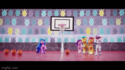 Size: 360x202 | Tagged: safe, edit, edited screencap, imported from derpibooru, screencap, hitch trailblazer, izzy moonbow, pipp petals, sunny starscout, zipp storm, earth pony, pegasus, pony, unicorn, spoiler:my little pony: a new generation, animated, basketball, basketball net, fit right in (g5), g5, gif, group, my little pony: a new generation, picture for breezies, reversed, song, sports, throwing