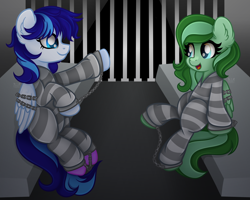 Size: 2500x2000 | Tagged: safe, artist:sweet cream, imported from derpibooru, oc, oc only, oc:eden shallowleaf, oc:snowflake flower, bound wings, chained, chains, clothes, commissioner:rainbowdash69, cuffed, cuffs, duo, jail, jail cell, never doubt rainbowdash69's involvement, prison, prison outfit, prison stripes, shackles, wings