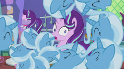 Size: 650x365 | Tagged: safe, edit, edited screencap, imported from derpibooru, screencap, starlight glimmer, teacup poodle, trixie, pony, unicorn, all bottled up, duo focus, duplication, eyes closed, kitchen, looking at someone, random, shocked, shocked expression, smiling, trixie army, weird