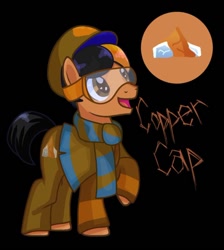 Size: 592x661 | Tagged: safe, imported from derpibooru, oc, oc only, oc:copper cap, pony, black background, cap, clothes, copper, goggles, hat, scarf, simple background, solo, striped scarf