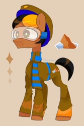 Size: 442x661 | Tagged: safe, imported from derpibooru, oc, oc only, oc:copper cap, earth pony, pony, cap, clothes, copper, goggles, hat, scarf, solo, striped scarf